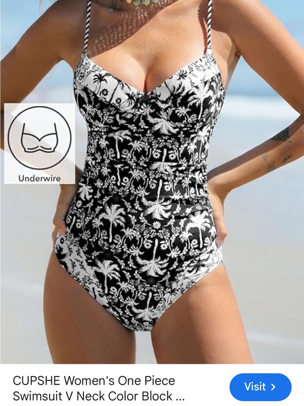 Cupshe Black & White Tropical Palm One-Piece Swimsuit with Underwire